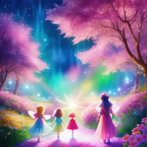 Children discovering the glowing flower under Lily's guidance. The Magical Blossom glows with radiant petals, emitting a soft light that highlights the children's faces filled with awe. Lily explains its magic, with sparkles around her as she speaks.