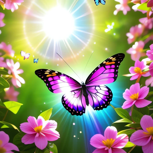 A vibrant flowery grove with colorful blossoms and soft sunlight filtering through the leaves. Max, a shimmering butterfly, curiously exploring the grove.
