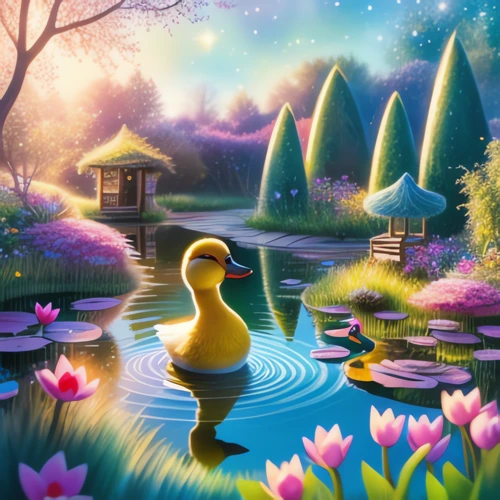 A sweet little duck named Quacky notices her pond drying up and decides to embark on her journey to find a new home. It should show her in her small, sparkling pond with her friends, setting the scene for her bravery.